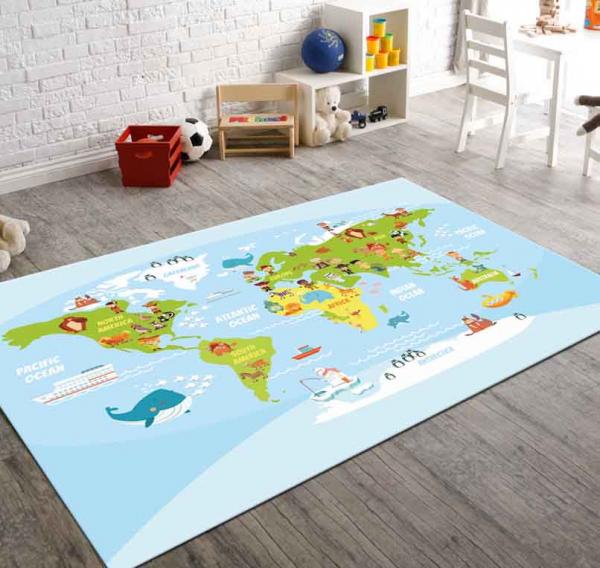 Veronya Dünya Haritası Desenli Kaymaz Taban Çocuk Odası Halısı