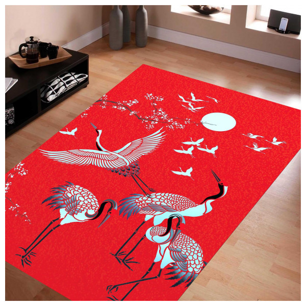 Veronya Kırmızı Renkli Flamingo Desenli Kaymaz Taban Modern Halı